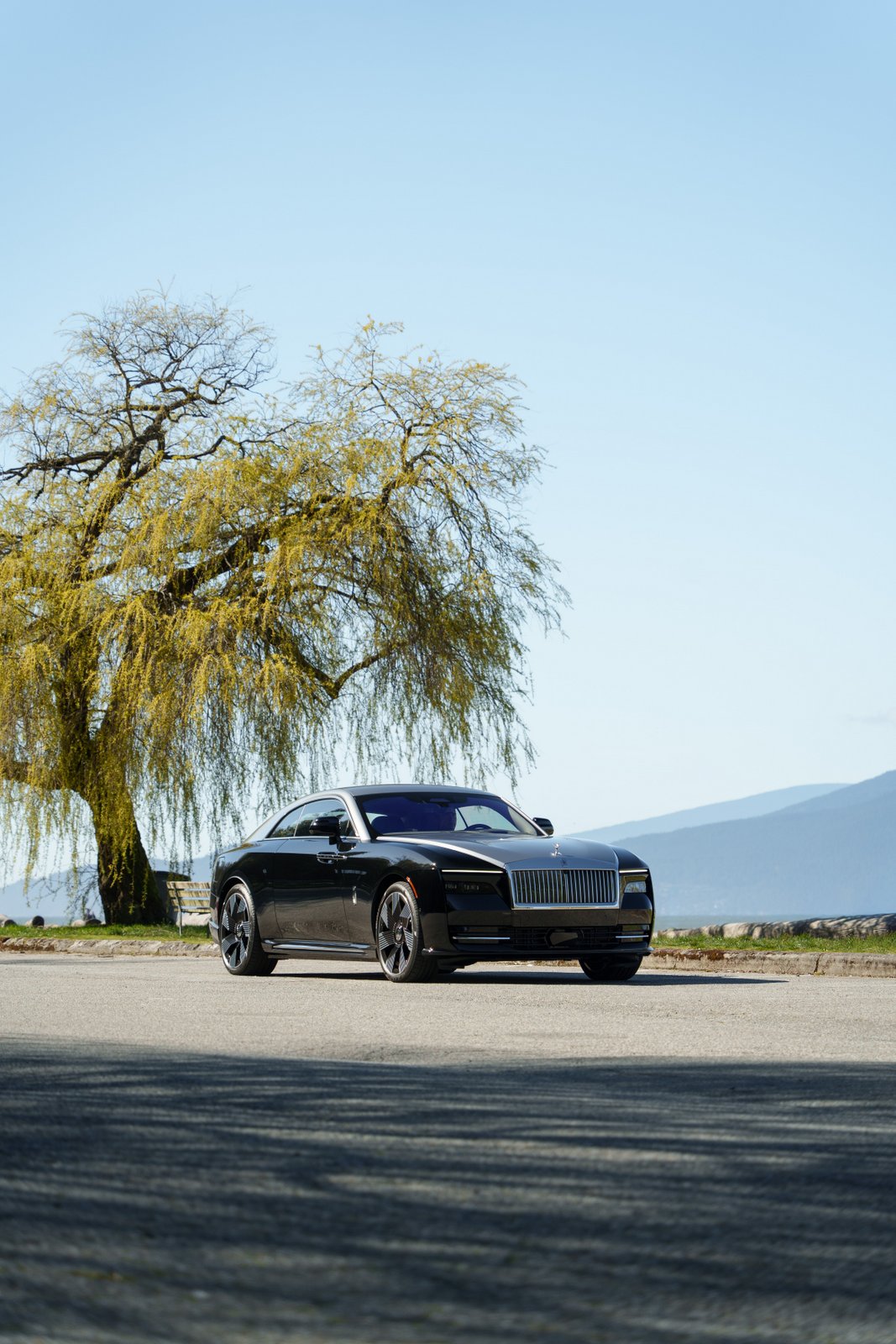 Rolls-Royce Spectre beneath a willow tree at Spanish Banks